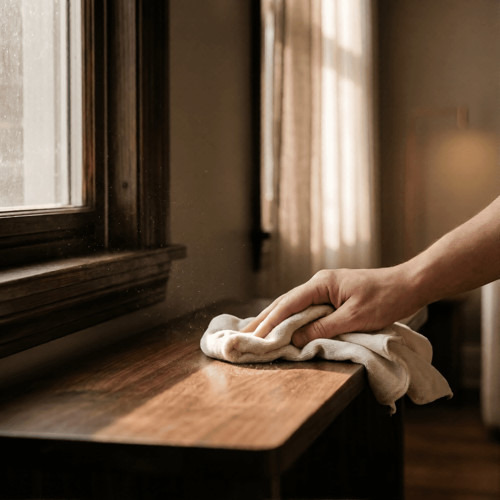 Hand wiping dust from a dark wood windowsill with a cloth, sunlight streaming through the window