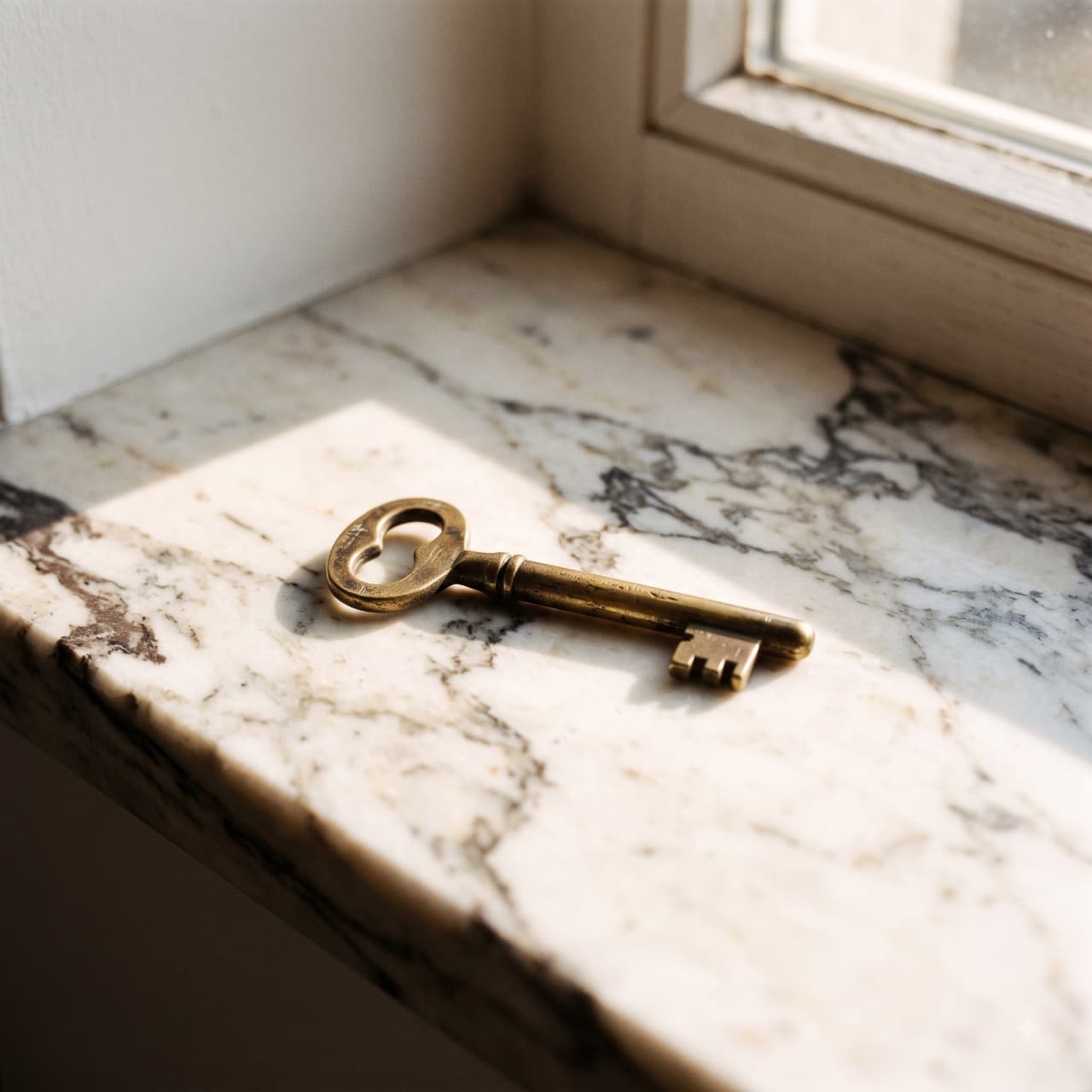 Antique brass key resting on a marble windowsill in warm sunlight