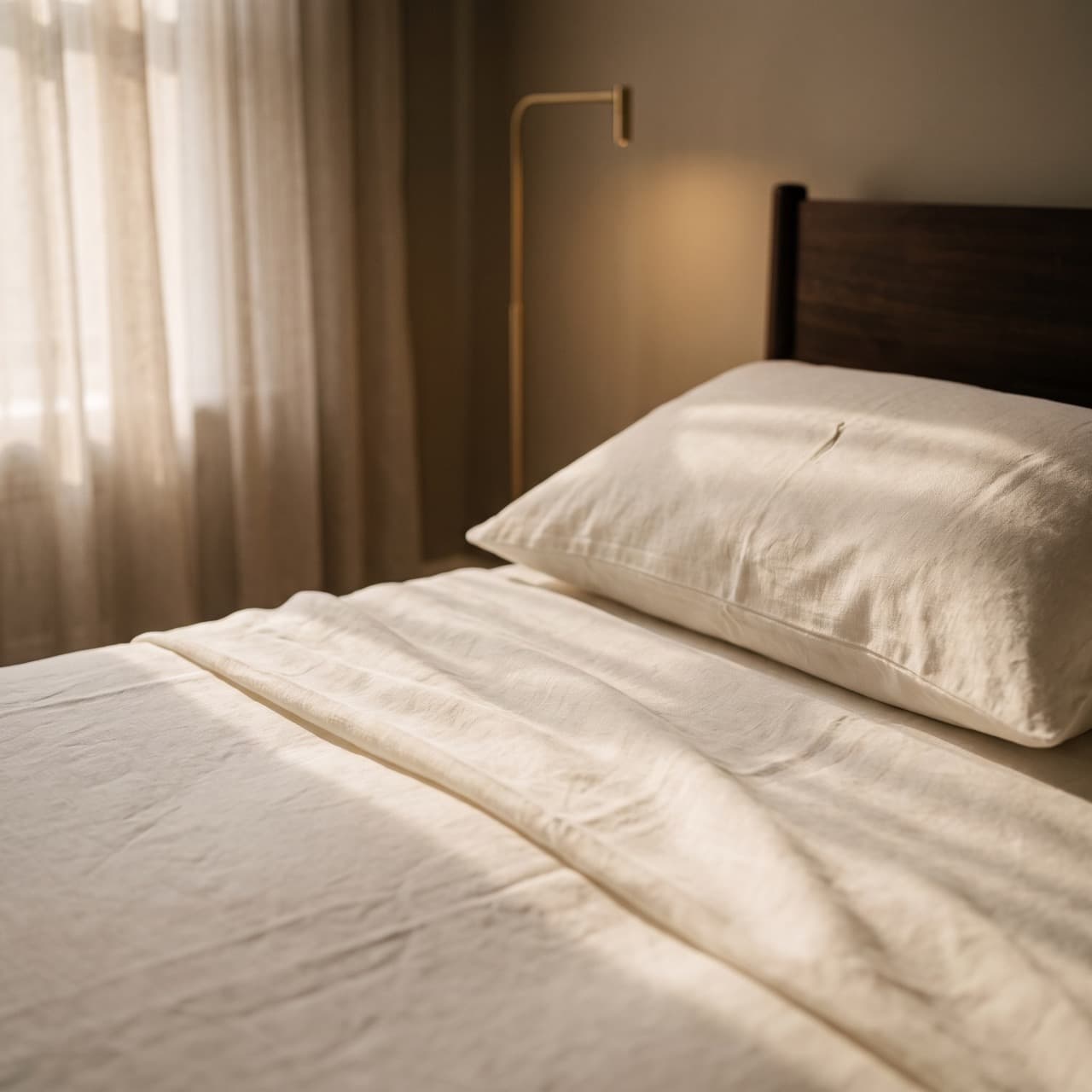 Neatly made bed with ivory linen sheets and a pillow, warm morning light through sheer curtains